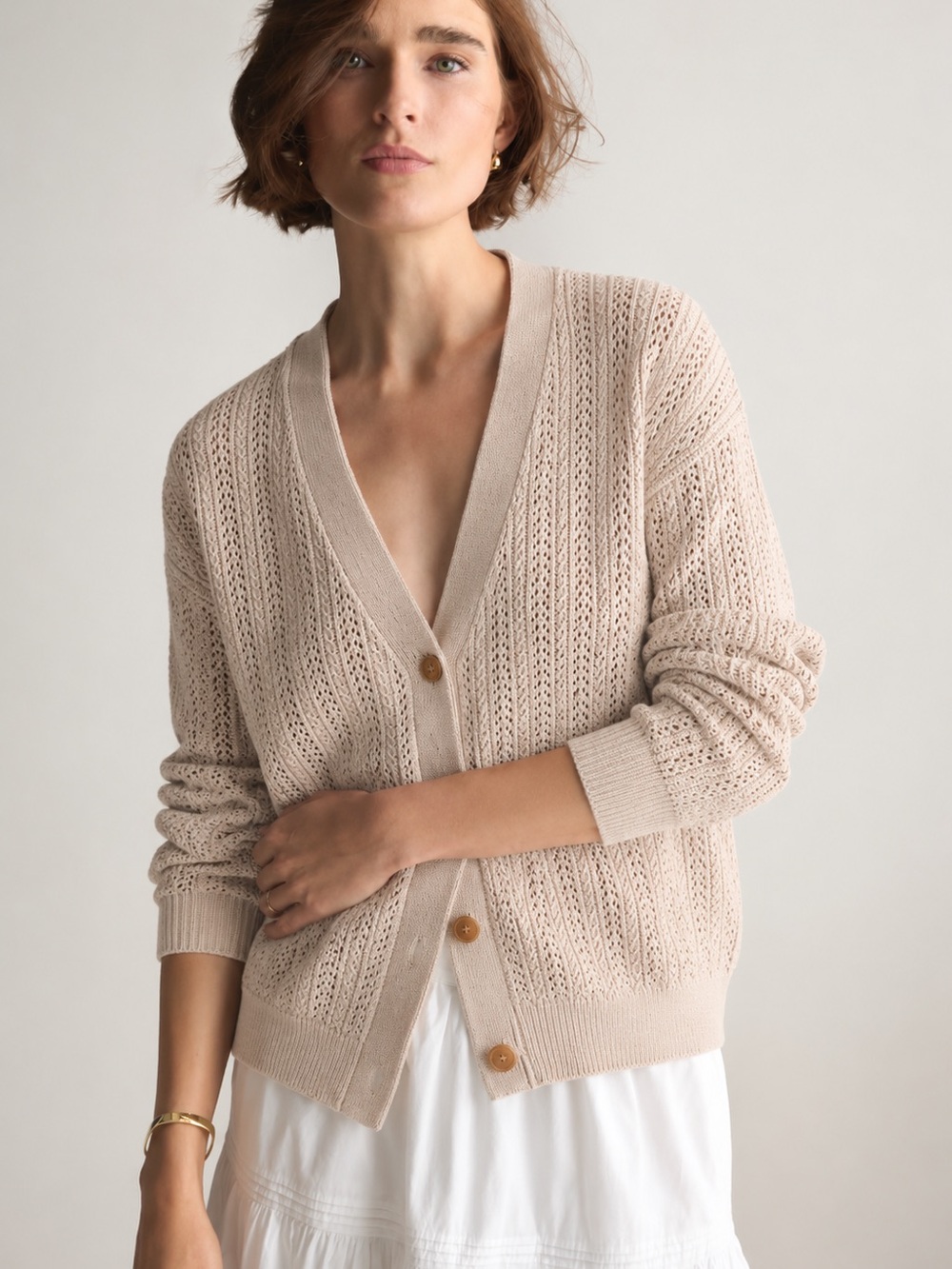 Northern Reflections Beige Open Stitch V-Neck Cardigan